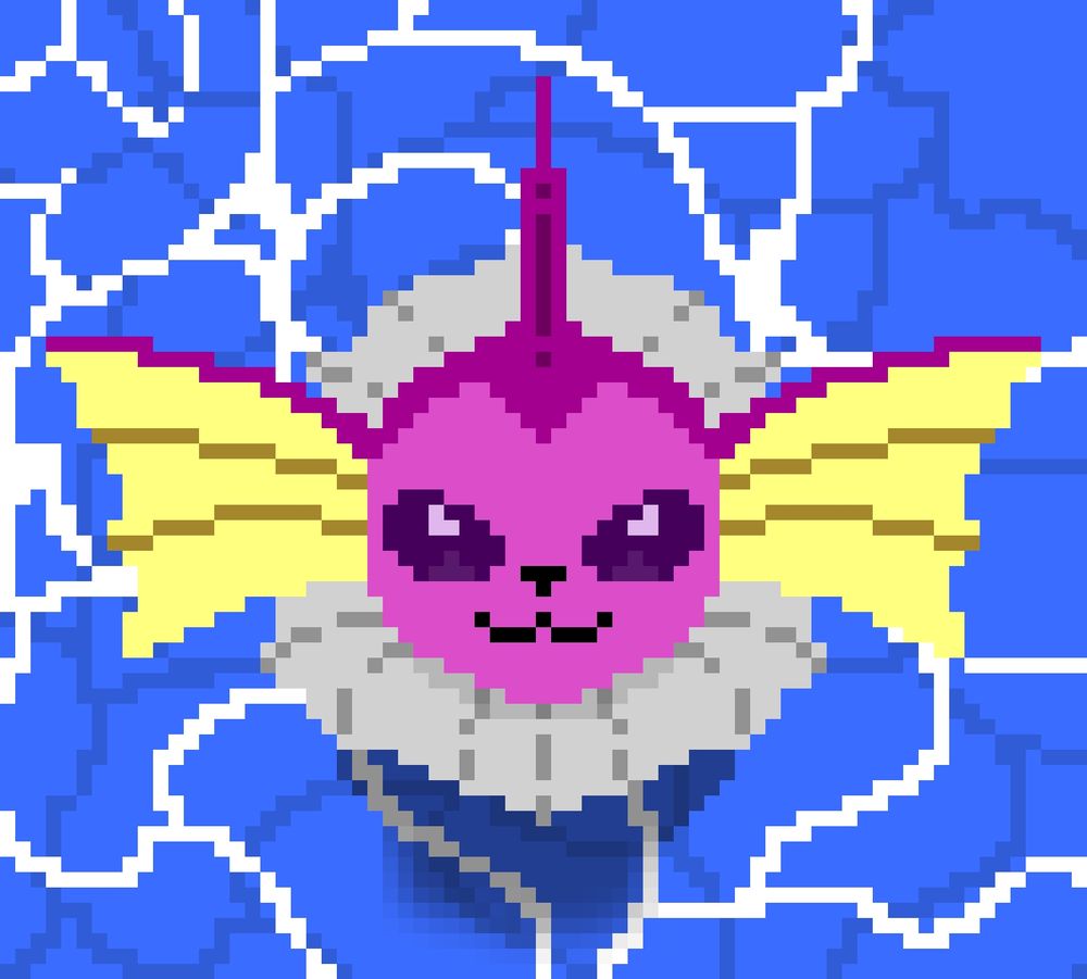 A shiny vaporeon fully underwater except for its head, looking up at the camera. The purple-ish pink used is overdaturated compared to the official design