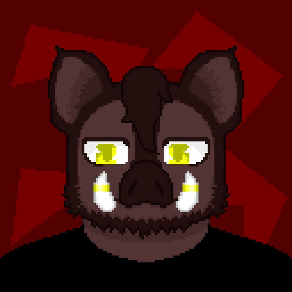 Pixelart of a brown anthro boar with brown fur, a golden ring on each of his tusks, and yellow eyes. The image shows him only from the shoulders up so the only part of his outfit visible is part of a plain black shirt
