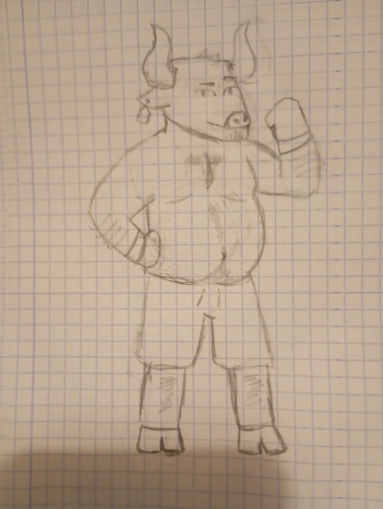 Sketch of an anthropomorphic bull character. He is shirtless and wearing swimming trunks. He has a round belly and thick arms, and is posing in such a way that he is flexing his left arm (the one on the right from the viewer's perspective). His face has a smug look, as if provoking the viewer to get a closer look at his body.