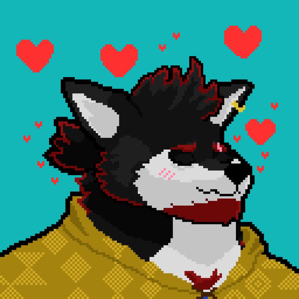 A pixelart drawing of Blake from the furry visual novel "Moonlight Castle"
The character is a black wolf with white fur on his snout, going down his neck and chest, and red highlights and beard. He wears a yellow hooded poncho, with the hood down, and has an earring on one of his ears (his left, your right).

His facial expression shows him blushing, with a cute nervous smile and closed eyes