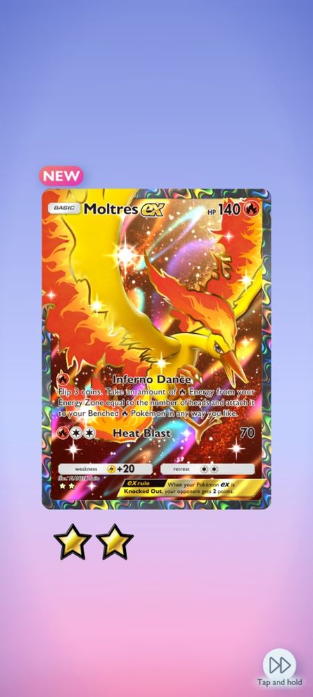 A different 2 star rarity EX Moltres. This on has it closer to the viewer, the background is a dark golden, with blue and pink flowy shapes, and white stars