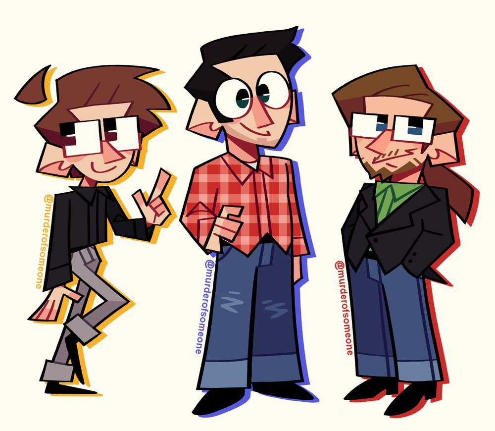 three cartoon renders of neil cicierega, kevin james, and ryan murphy from new kids on the rock. 

neil has his right leg kicked up with his left hand up in a point, looking behind him with a smile. he's wearing grey cuffed pants with a black long sleeved button up collar shirt and black featureless shoes. his hair is brown and cut short in reference to his 2010's look and he's wearing square glasses. neil is visibly the skinniest.

kevin has a hand on his hip as he stands and stares forward with a smile. he's wearing blue jeans, a red and white flannel, with a white undershirt and featureless black shoes. implied to be his 2008-2016 design, he still has short black hair.

ryan is leaned back slightly with his hands in his pocket, also smiling, looking to the viewer. he's wearing a green collar undershirt with a black suit coat buttoned up and blue jeans with heeled silhouette black shoes. ryan's hair is dirty blonde and tightly tied back in a ponytail, along with having facial hair and glasses.

all three characters are stationed against a white background with a shadow of their color associations: yellow, blue, and red.