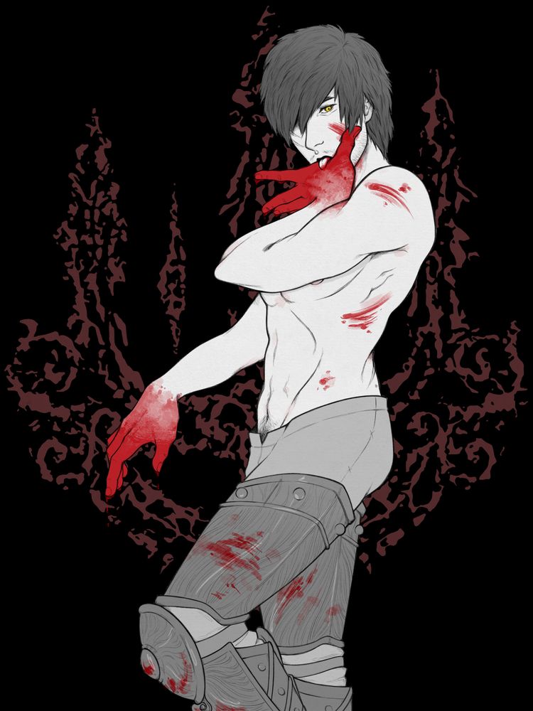 Illustration of my Crucible Knight OC Theoden from the knees up

He is wearing armor on his legs but is naked from the waist up. He is licking his blood soaked hand which smears blood on his face, holding his other blood soaked hand forward which is dripping. There is blood on his side, on his shoulder, and on his armor.

In this version of the image, a faded red-gray symbol of the Moghwyn Dynasty (in the shape a 3 pronged fork made of fire) is behind Theoden