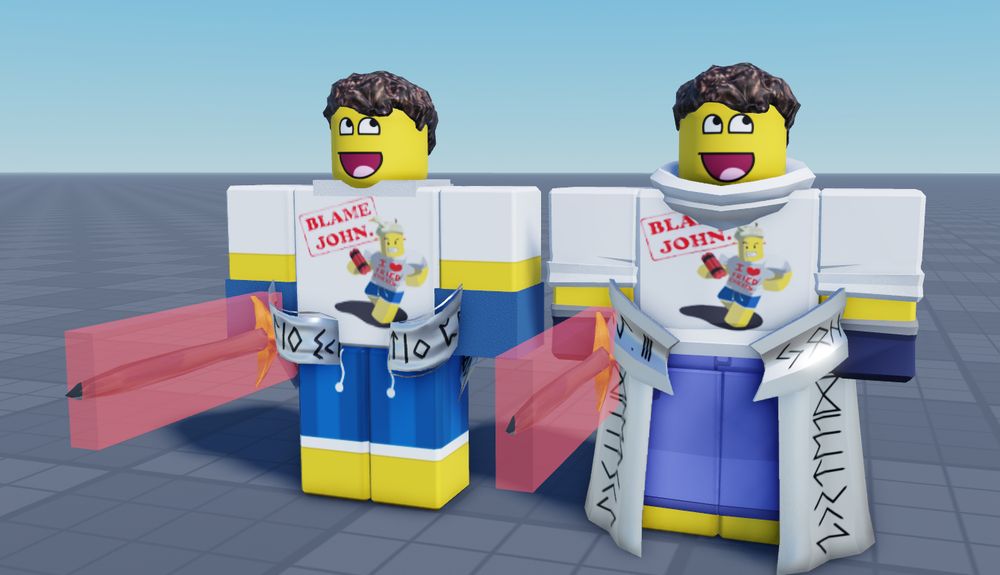 shedletsky old model and current model, alongside his mighty sword..