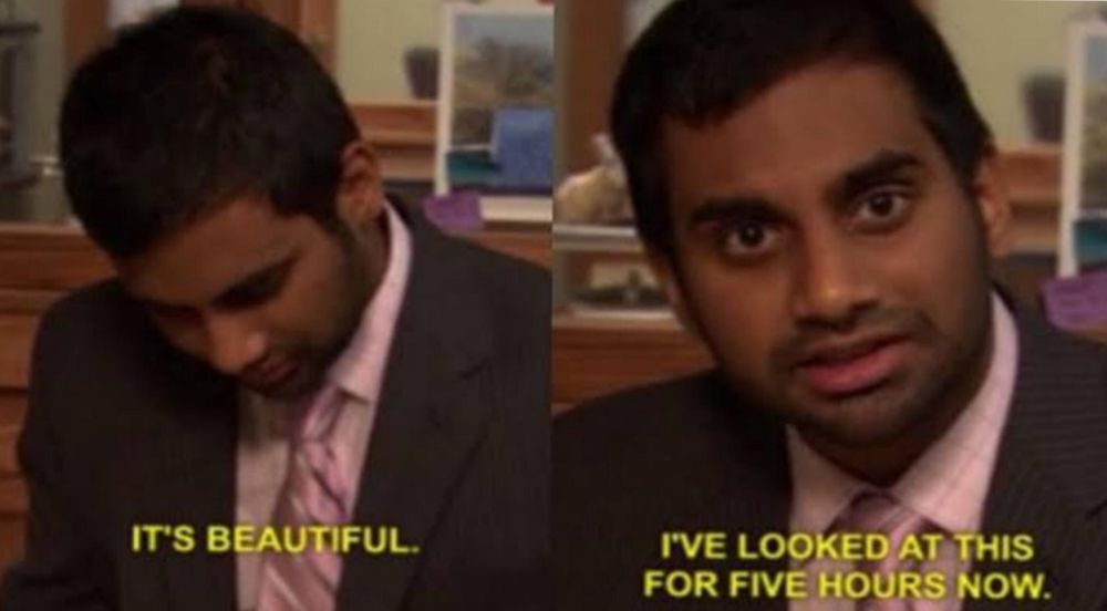 Meme of man looking at something with text "it's beautiful" and another image of the man looking up, saying "I've looked at this for five hours now"
