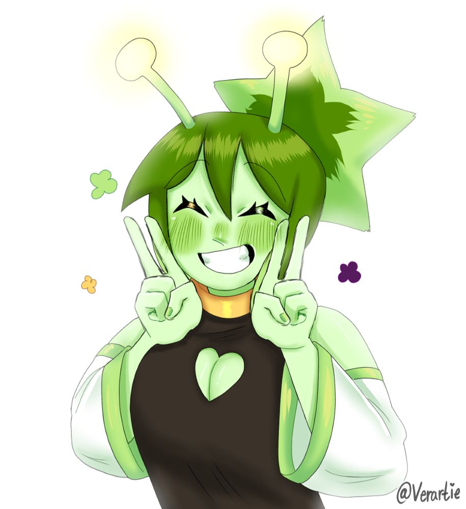 A green skined, alien character, with a big smile on her face. She is showing her teeth and has her eyes closed. She is also holding up her hands close to her face making 'peace-signs'. The background is white and there is soft surronding light on the edges of her with 3 simple shaped flowers around her face. 
