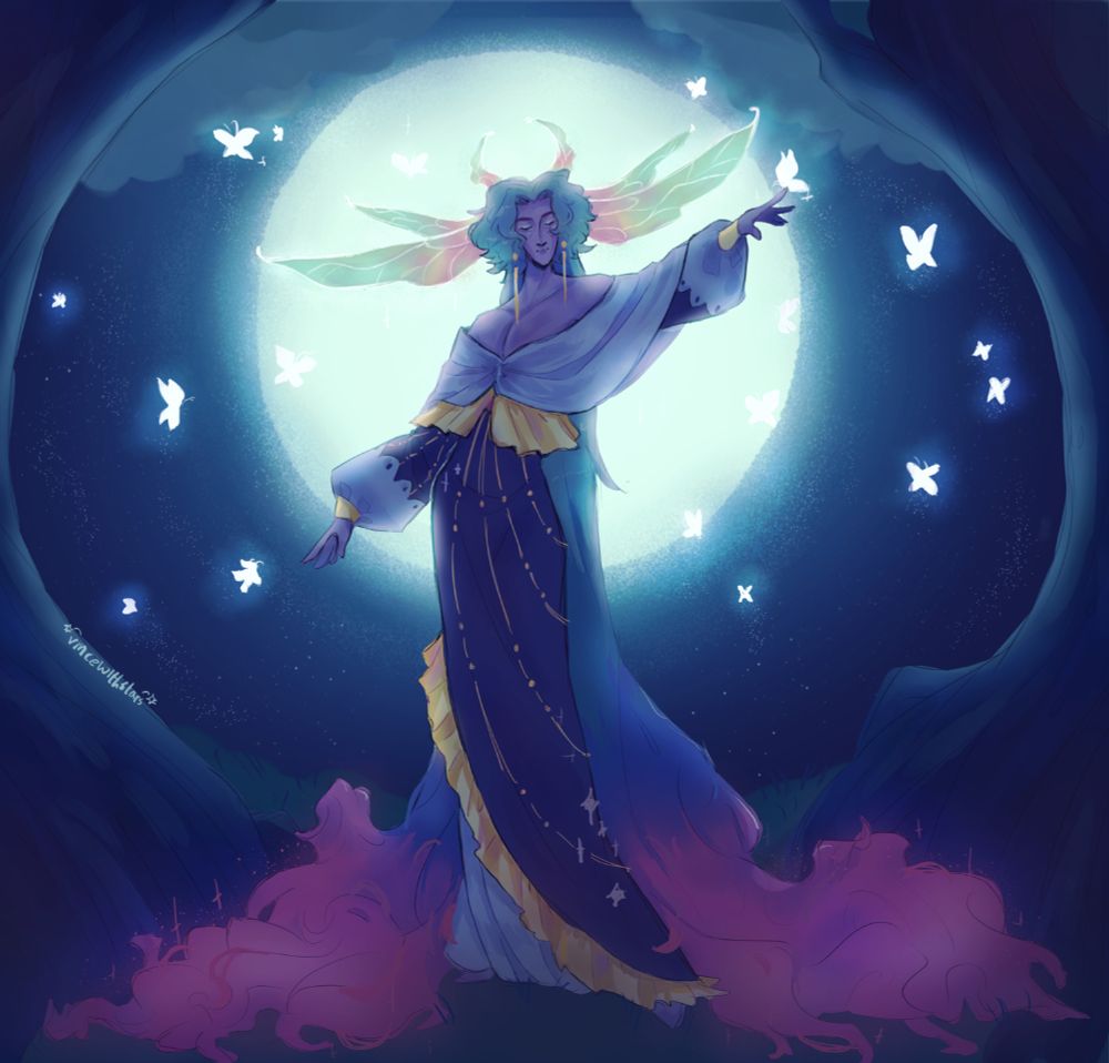 am ethereal oc called Erwin with long hair, standing in front of the moon with glowing butterflies around him.