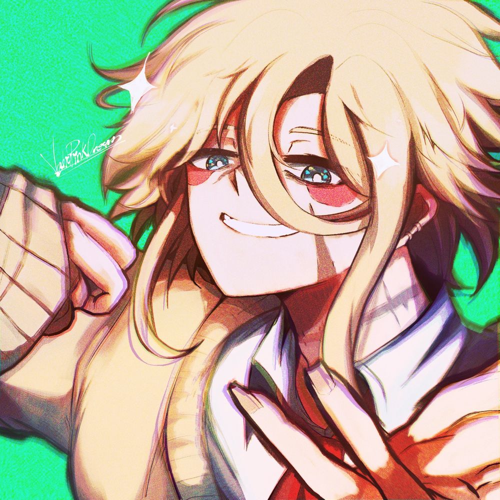 My hero academia OC for art fight by me, has blonde hair, a scar in the face and neck, wears a sweater and shirt with tie