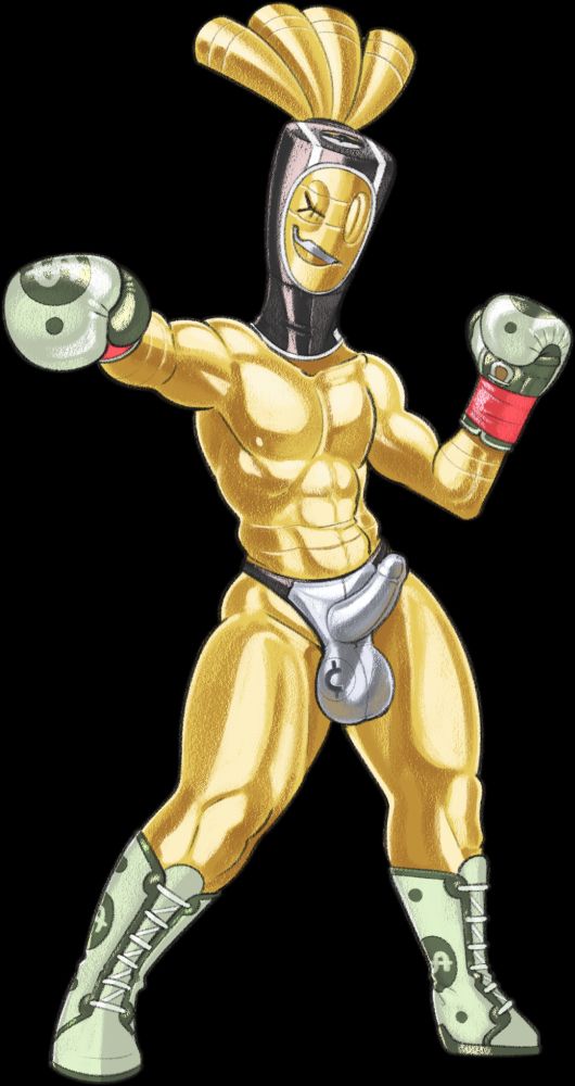 A gholdengo in ballboxing gear. Its coin hair things are all pulled back and coming out of the back of its hood. its boxing gloves and boots are a pale green, emulating american dollar bills. its thong is silver with a cent symbol on the right ball.