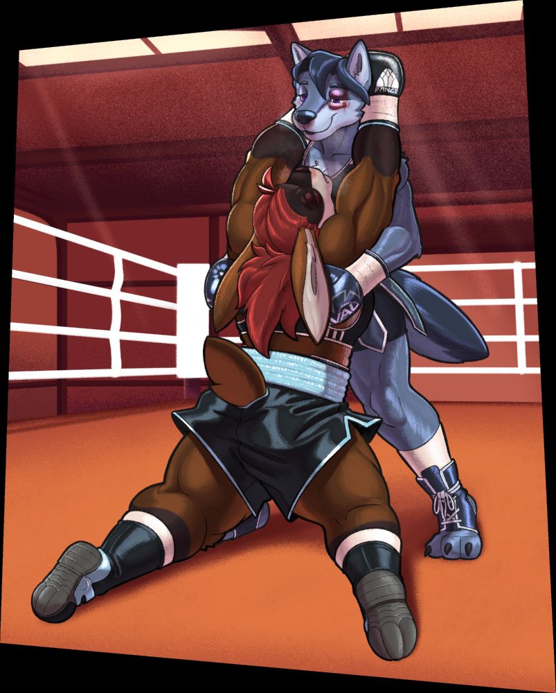 A boxing match featuring a larger rabbit named Vera with primarily brown fur with darker markings around her face, calves, and forearms, red hair in a spiky ponytail, wearing a primarily black sports bra, boxing trunks, boots, and boxing gloves with a light blue trim. Vera's boxing gloves have a white logo reading "Pango". Vera's opponent is a smaller Wolf named Marceline with primarily blue-grey fur with lighter blue-grey fur around her face and chest, and darker flowing long hair, wearing a primarily dark blue sports bra, compression shorts, gladiator style boxing trunks toeless boots, and rival branded boxing gloves. Vera's right eye is bruised, and she has signs of bruising mainly around her midsection. Vera's waistband and boxing gloves have spots of blood on them. Marceline is more significantly bruised, also with a swollen eye and a cut right above that eye. Vera is slumped over onto Marceline, appearing to be unconscious  as her arms are over Marceline's shoulders and past her head. Marceline is holding Vera up with a loving expression on her face.