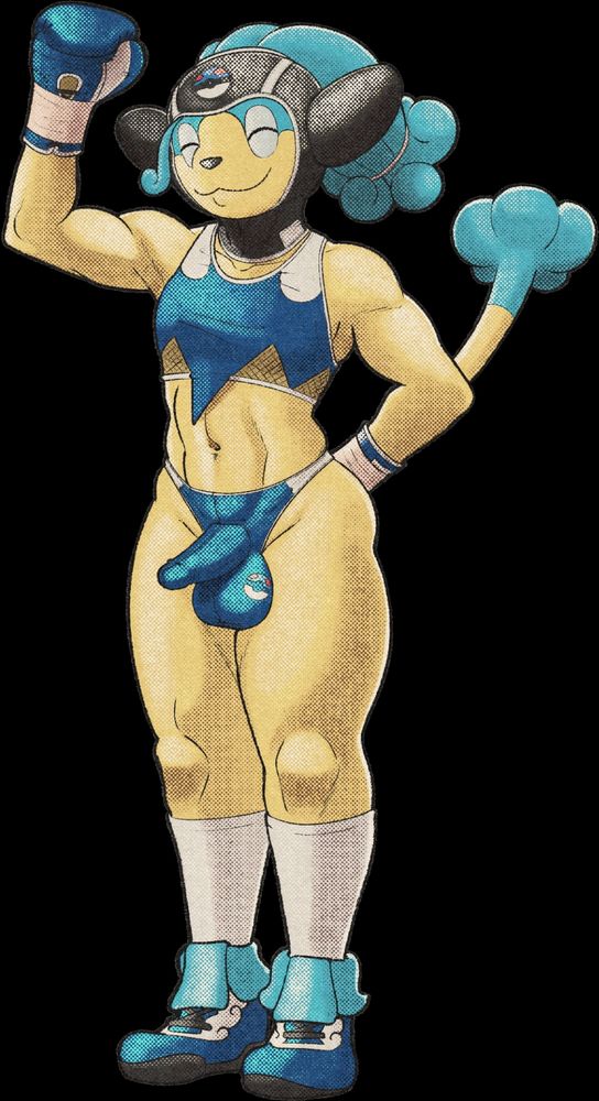 A female Simipour Ballboxer named Cordelia standing with one arm raised and one behind her back. Her hair is tied back out of the back of her hood, with a small part of it sticking out of the front. her eyes are closed as is typical of simipour. she's wearing a blue sports bra emulating the look of simpour's design. she has a blue fight thong on with a white trim, and a greatball emblem on the left ball. her socks go up to about her knees, and is wearing low-top primarily blue footwear with a flowing looking design.