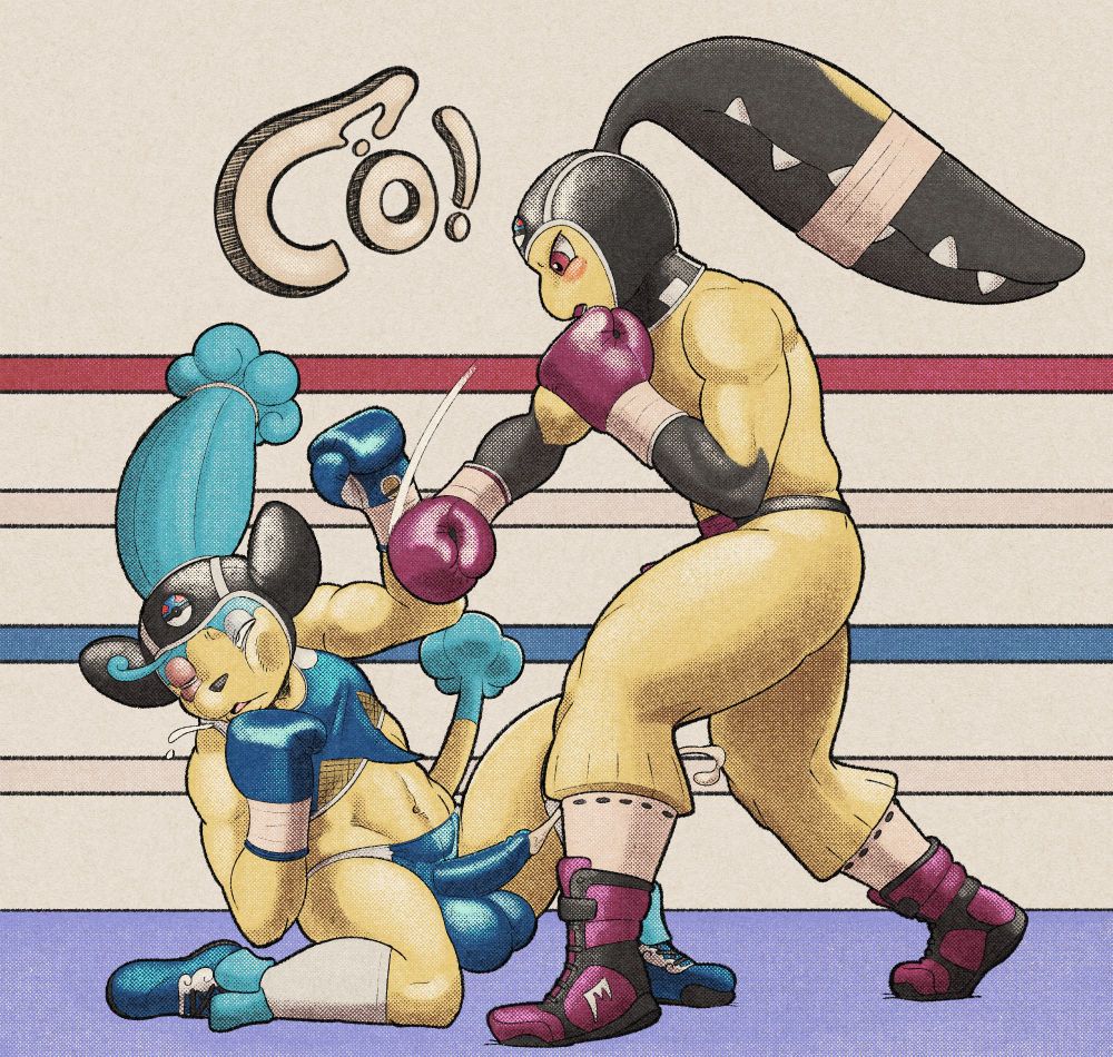 the end of the fight between the simipour and Mawile with one final blow sending the simipour to the ground. She is knocked senseless and suffers a CO as she ejaculates on her way down with the stream sent between the Mawile's legs. the Simipour has a distinct black eye, and scuff marks on her balls and outer thighs. The male Mawile also has a swollen eye. The mouth coming out of the back of his head has tape around it. in addition to his purple thong and gloves, he has purple and black footwear.