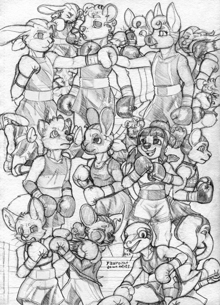 - Jesse White, before he would begin to dominate and build up a record that would inflate his ego well past the point of no return. Also included: him taking a blow to the ribs, knocked down to his knees, and punched in the face.

- George Stanford, a posh rat with a family history in the ring. Also featured is him getting punched in the face and knocked down.

- Clover Willow, son of the boxer Maura Dierdre, he's been learning to punch as soon as he could stand. Now that he's eligible to compete, he'll be eager to make a name for himself and live up to his mother's legacy. also a sketch of him being struck in the gut, and the cheek, and being knocked down face-down.

- Robin Fawkes, a red fox of no particular note, mainly serving as a boxer that could match Clover who at least lives on the same continent as him.

- Ashley Hooper, a rabbit initially getting into boxing as an outlet for her anger issues, she would find the sport fulfilling enough to move into competitive matches.

- pugilismx's Aura Greenwood, an Ermine boxer who also has family ties to the ring.

- Shuari Fanaka, a Kenyan Lioness with a pair of gloves and a dream, joined right below her by Tendaji Kamau, a longtime friend and training partner of hers.

- Fila Zaman, a fennec fox with nothing significant at the moment. She and Clover do end up getting together in some capacity, which is something. Depicted here punching Bella in the face.

- Bella Beatrix, a free-tailed bat who felt she had a passion for boxing, enough to get herself into competition. Despite her capabilities, she simply couldn't win matches. She'd eventually leave the sport, after which she came to the realization that she had developed some sort of masochism kink, likely explaining her poor record in the ring.

- Tiliqua "Tilly" Sciandra, a tomboyish Australian Blue-tongue Skink with a passion for sanctioned violence. Depicted here crouching over a knocked down opponent and semi-sarcastically inquiring about their condition.