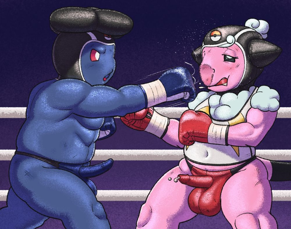 A mid-fight illustration of a flaaffy named Mary Bell taking a blow to the nose from her opponent, a Vileplume named donovan, belonging to https://bsky.app/profile/classyowl2.bsky.social. 
