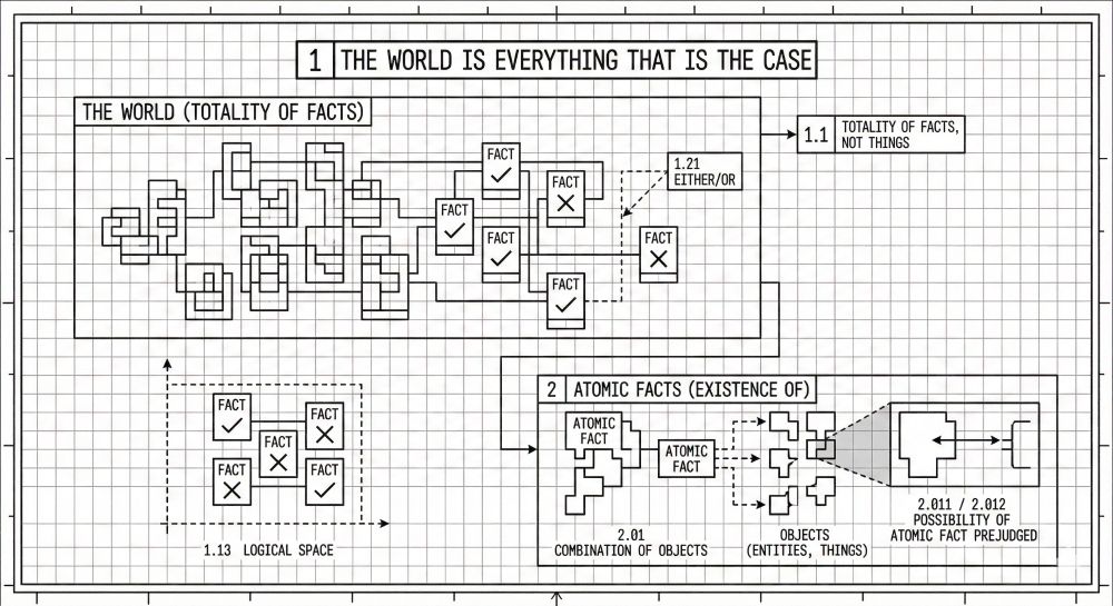 a diagram generated by Nano Banana summarizing the first 11 propositions of Wittgenstein's Tractatus