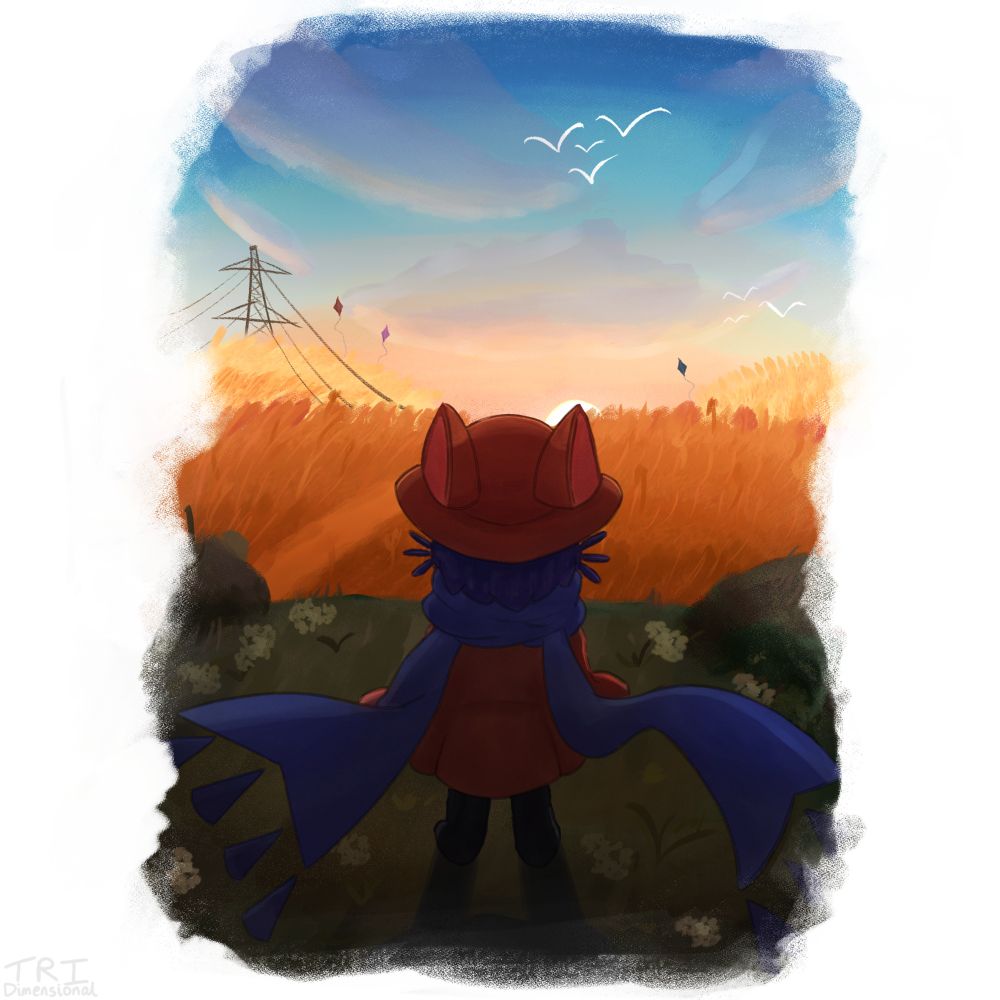 My envisioning of what Niko's home looks like once they return to their own world.

Niko stands atop a grassy cliff overlooking golden wheat fields. A transmission tower sits within distant wheat fields to the left, and birds and colourful kites are seen in the sky as the sun is setting.