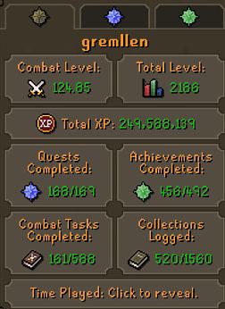 stats for osrs account gremllen, 124 combat, 2156 total level