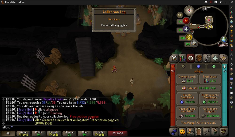 1000th collection log slot on osrs account wllen, the collection log item is prescription goggles, screenshot taken at the mastering mixology minigame