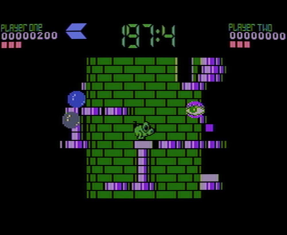 And with CRT (Composite), the tower now being vibrant green, while enemies are magenta+green, blue and grey. And everything is solid color