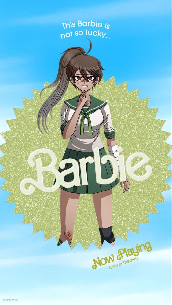 At the top of the picture it says “This Barbie is not so lucky…”

There is a picture of Teruko Tawaki on a light green Barbie Backdrop. Teruko Tawaki is a college aged gurl with a white and green sailor fuku, slightly dark skin, and a bandage on her nose. She wears a concerned expression. She has brown hair with a ponytail that fades to grey and an ahoge.