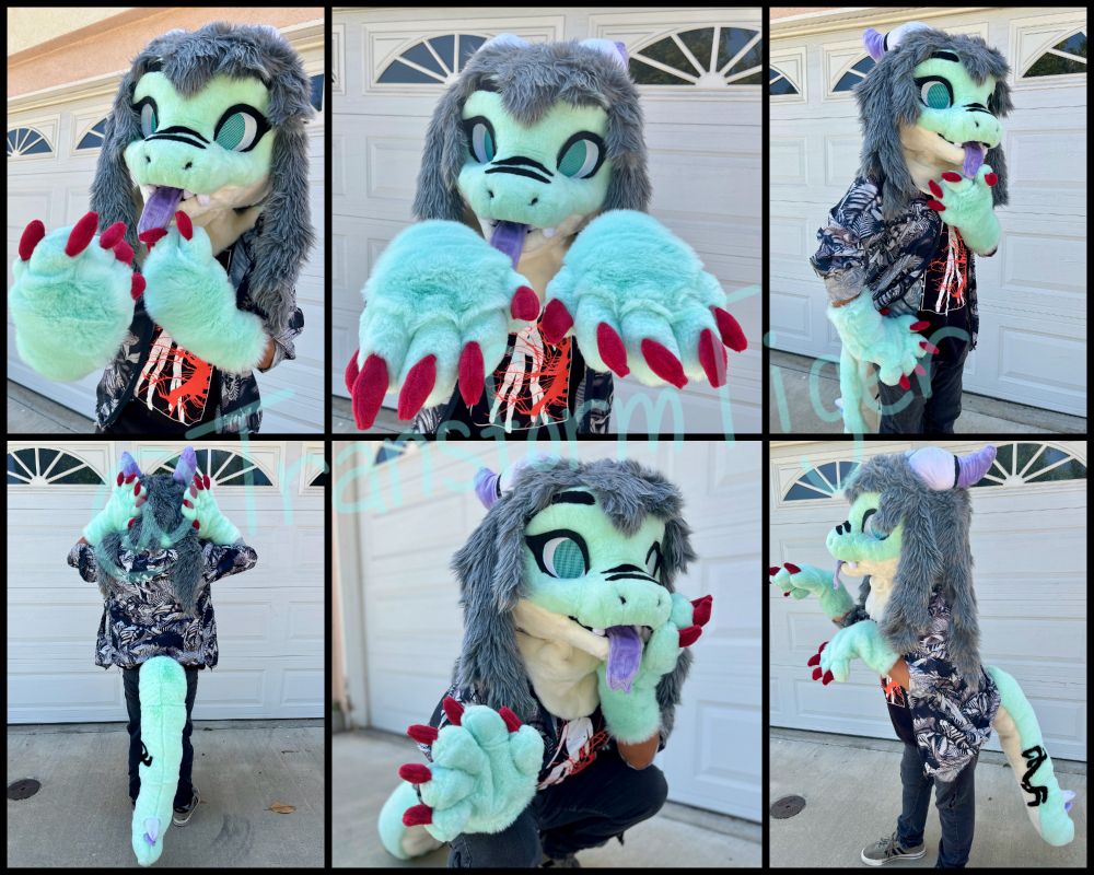 Partial fursuit of a mint green dragon with gray hair, white and lavender horns, and red claws