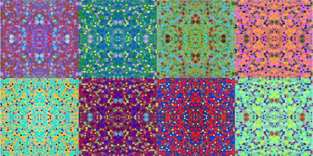 An abstract, colorful and pretty image of spatial metabolomic retinal ganglion cells imaged for amino acid metabolism, arranged in 8 blocks of values.