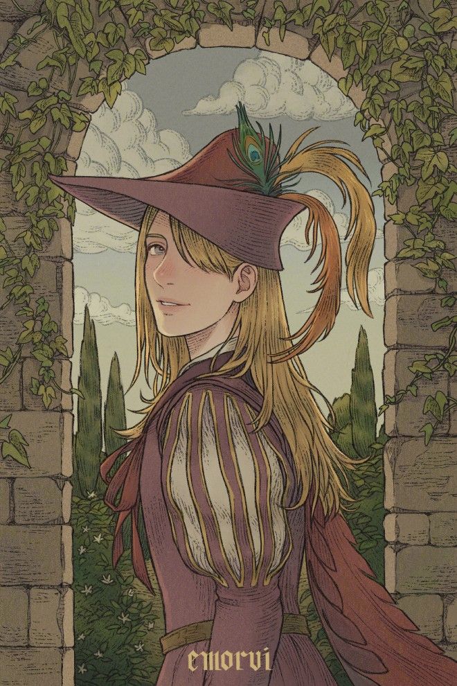 A blonde, long haired young man elegantly dressed with a purple doublet, a scalloped red cape and a feathered bycocket in the same colors. The bangs covers one of the eyes completely. He is standing in front of a castle arch. The stones are covered with ivy, and, in the other side, there is a garden full of cypresses and shrubs.
