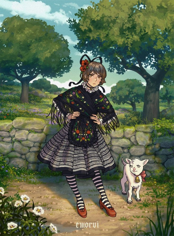A drawing of a girl wearing the sheperdess clothes from Badajoz, Extremadura (Spain). She is accompanied by a little lamb. They are standing in a trail in the middle of the typical Spanish dehesa.