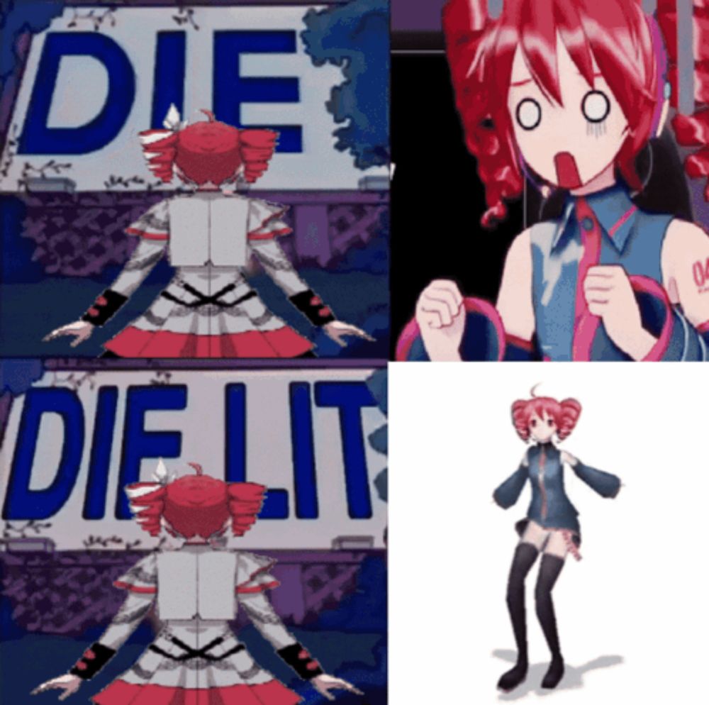 a girl with red hair is standing in front of a sign that says " die lit "