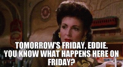 A gif from Roger Rabbit that probably isn't working because Bluesky doesn't handle GIFs well. It says, 'Tomorrow's Friday, Eddie. Do you know what happens here on Friday?'.

I *know* that 'See you Friday' is code for something, Fran. And it's driving me nuts that I can't crack it. You probably like that.