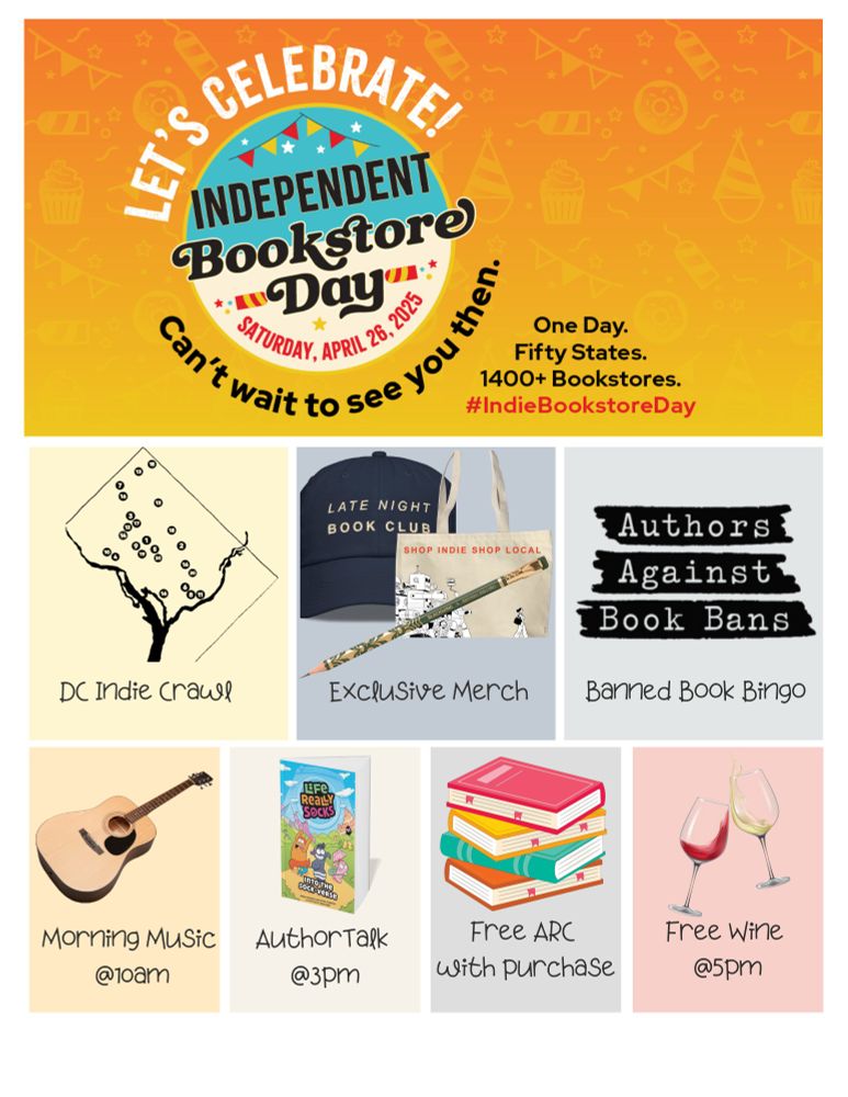 Exclusive merch! Banned Book Bingo! Music at 10am. Kids graphic novel talk and raffle at 3pm. Free ARC with purchase. Free wine 5-8pm. 