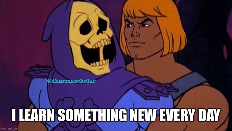 Meme image: He-Man stands behind Skeletor restraining Skeletor with his arms. Skeletor looks over his left shoulder, mouth open. Caption reads: I learn something new every day. 