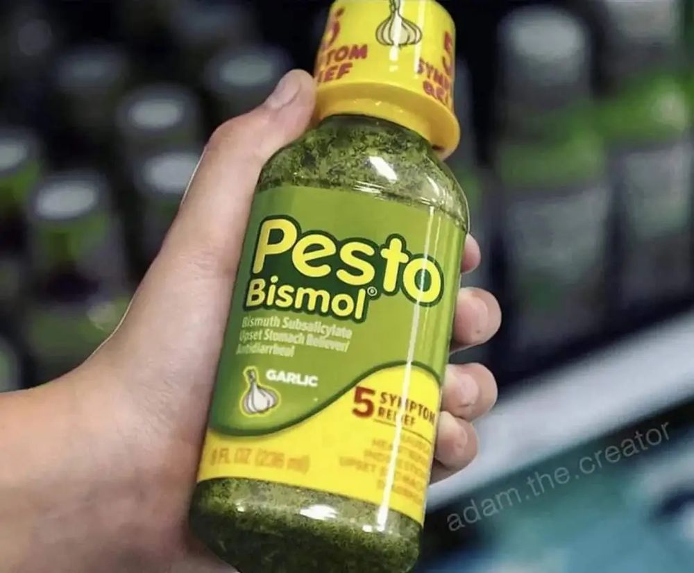 An image of a bottle of Pepto Bismol altered to look green like Pesto sauce, and with the word "pepto" altered to look like "pesto"
