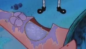 A scene from Spongebob Squarepants where Patrick is sleeping with a mouthful of drool, but the drool has been edited to be bluer