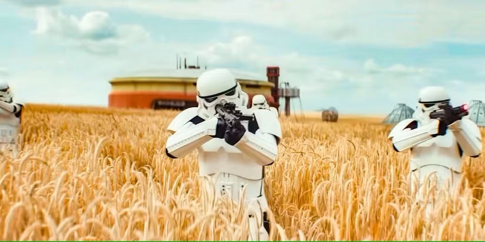 A screenshot from Andor season two depicting stormtroopers searching farms for agricultural workers without immigration documents.