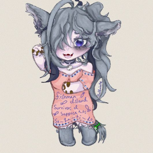 my oc (fluffabelle) doing a reference to One Piece's Fishman Island arc - mambo like mamboshi/manboshi, shirt colors after shirahoshi and fukaboshi, vocal scale for ryuuboshi, and "i suppose" for vander decken ix,