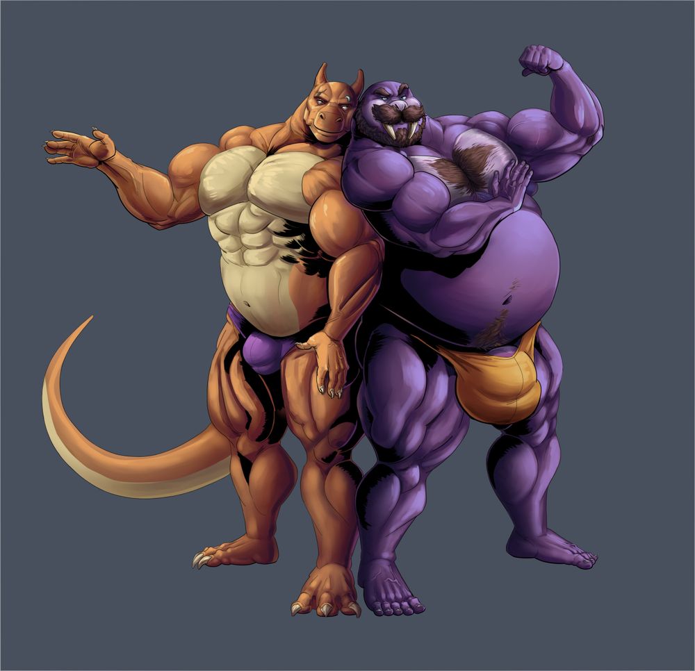 Dragon and Wattson standing back to back in skimpy thongs.