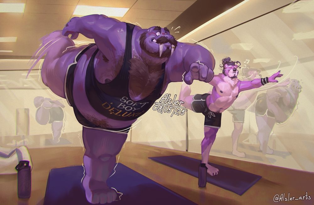 Wattson the walrus and Alex the bear are doing yoga in a dance hall. Both balancing on one leg with their arms out and other leg back. Alex seems to be holding themselves well while Wattson is struggling to hold the pose with his weight.