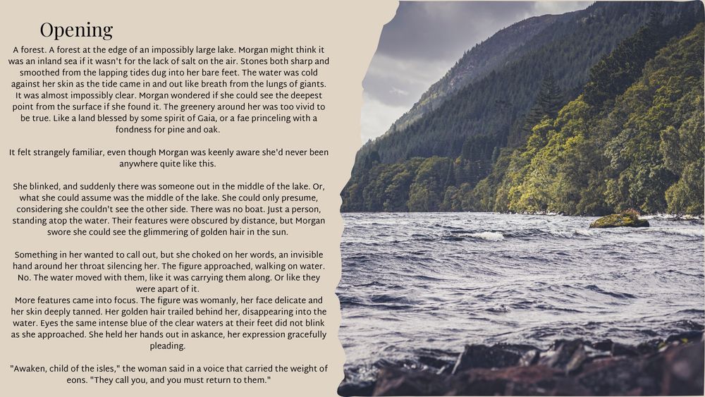 The opening paragraphs of SHE IS KING alongside a photo of a loch in the Scottish Highlands