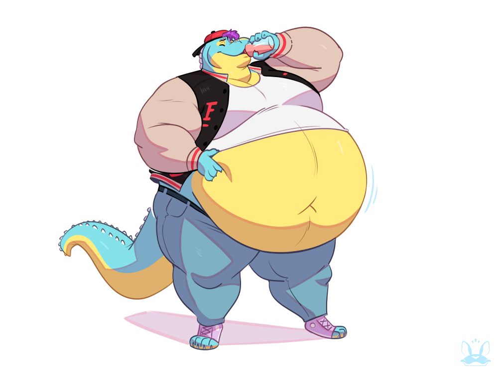 A fat blue and yellow alligator-dragon hybrid dressed in ill-fitting clothing and a FAT fraternity varsity jacket is chugging a workout shake to help round out his already bloated belly.