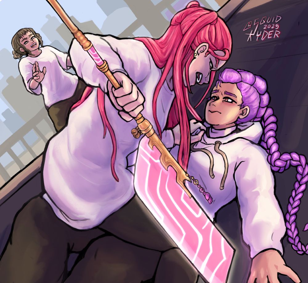 Mira stradling Rumi with her lance in the ground, angrily gripping Rumi’s sweatshirt. Zoey in the background looking panicked reaching out.