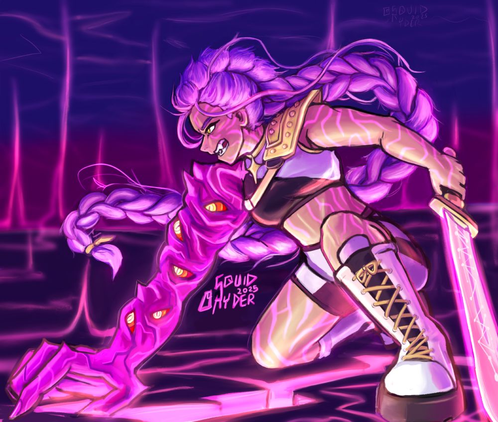 rumi disheveled, on one knee holding her sword as the ground glows underneat from a crack in the honmoon. her arm is monsterous with eyes of a demon. 