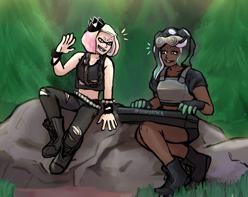 pearl and marina in their pre-off the hook outfits sitting on a rock in the mountains. pearl is looking excited at marina who is playing  on her broken guitar. 