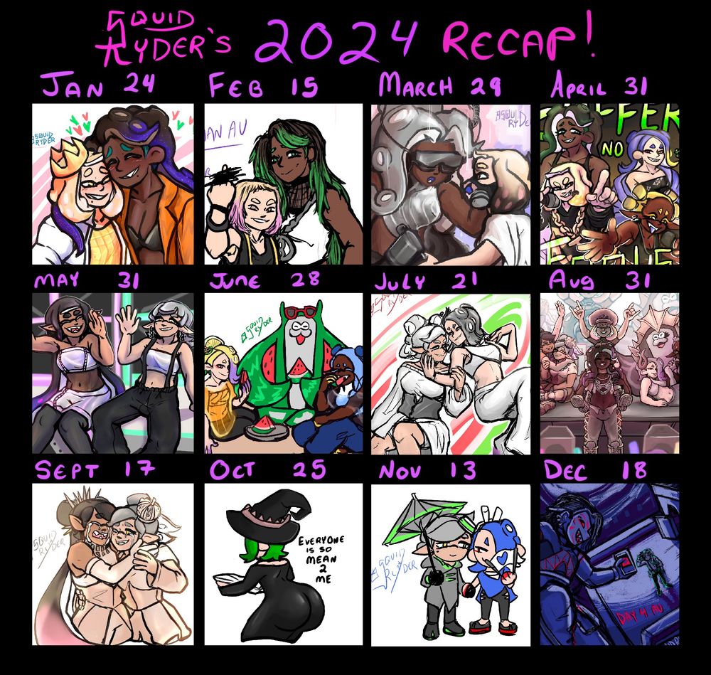 squidryder’s 2024 art recap with 12 the months and pieces underneath.