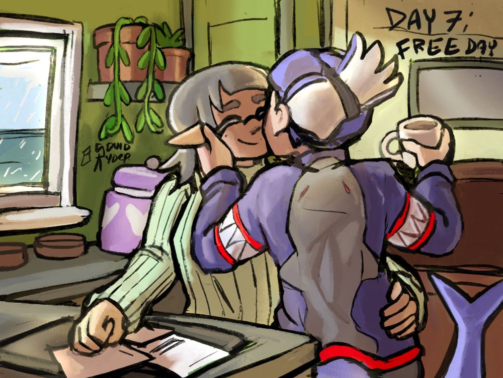 marie and shiver are in a dining room that is cozy with light coming from the left window. shiver is kissing marie on the cheek holding a cup of tea, while marie is smiling putting down a bunch of work papers. 