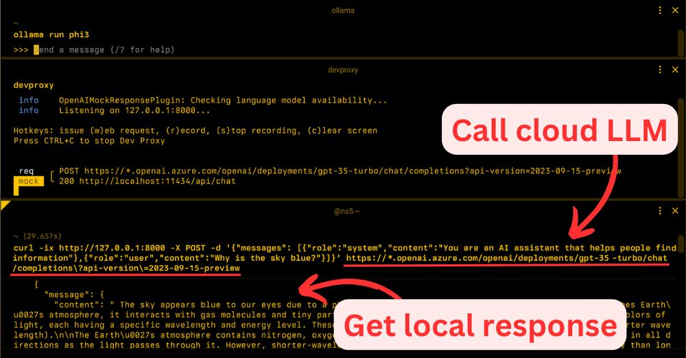 Terminal screenshot showing OpenAIMockResponsePlugin in use, with commands to run/stop proxy and a POST request to OpenAI API. Red arrows highlight 'Call cloud LLM' and 'Get local response'.