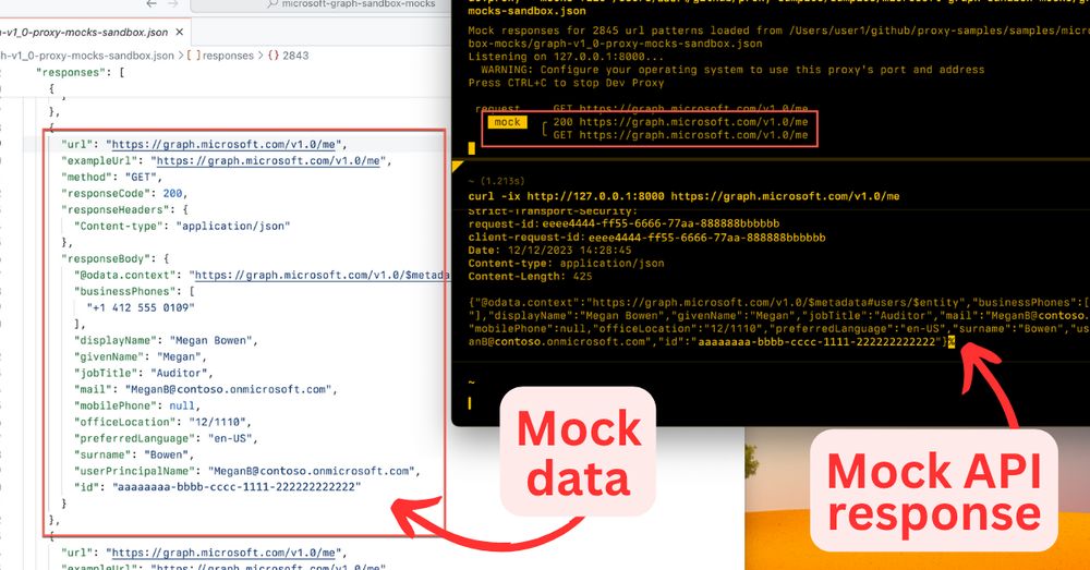 Screenshot showing mock data setup for a Microsoft Graph API response. On the left, a JSON file defines a mock GET response for https://graph.microsoft.com/v1.0/me, with user details like name and email. On the right, the terminal displays the mocked response being served from a local proxy.