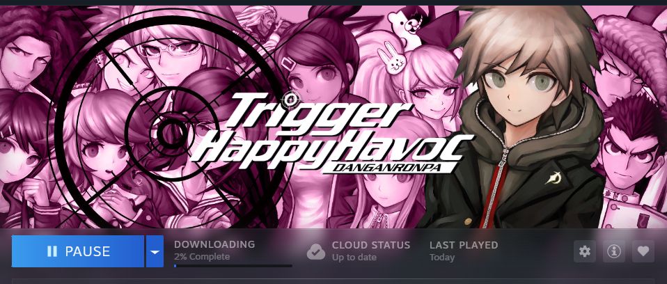 The Steam library page for Trigger Happy Havoc Danganronpa showing a download in progress 