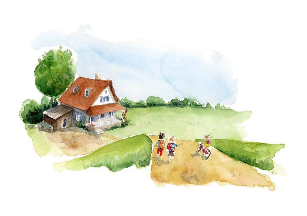 Watercolour painting of a house in a meadow and three children in the foreground