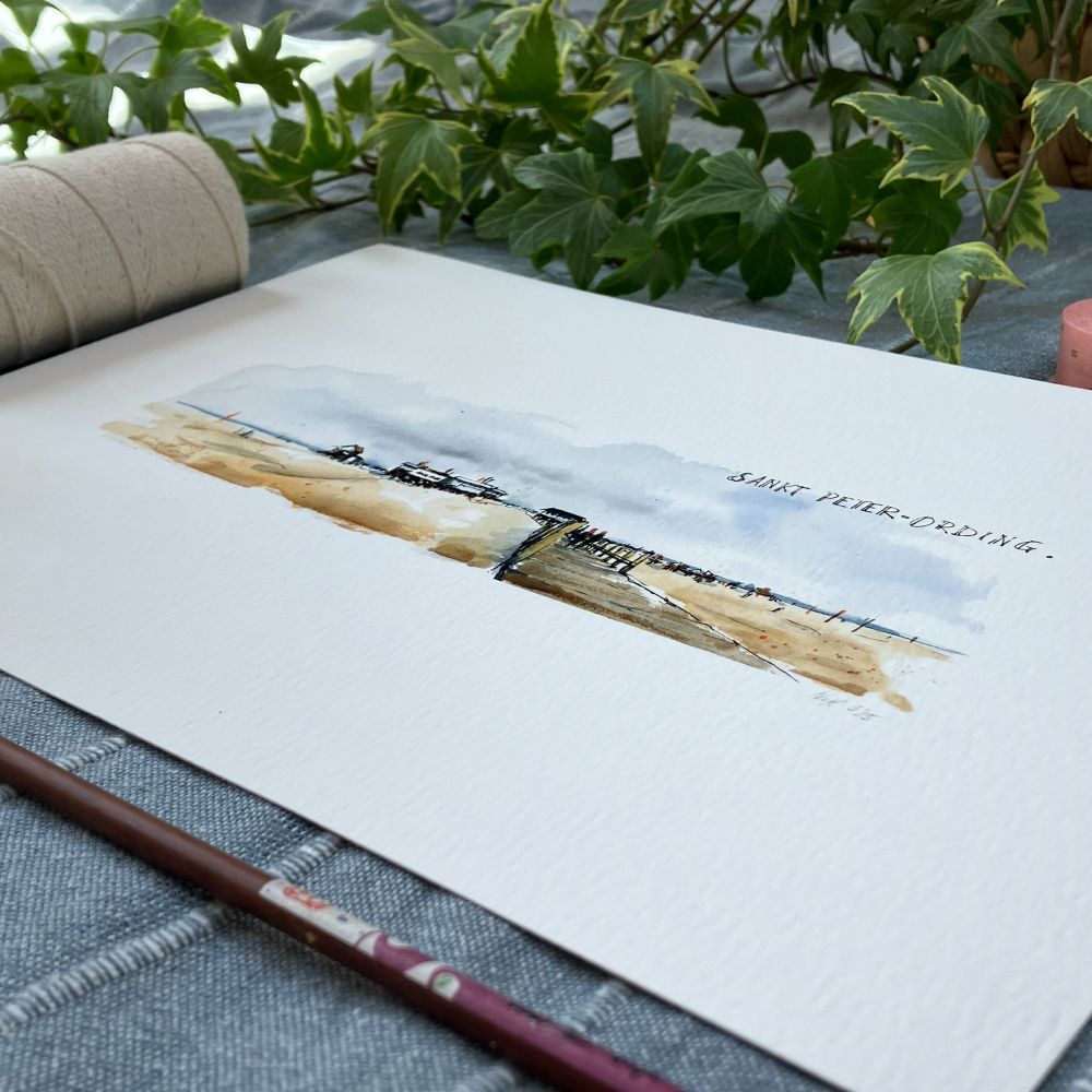 Printed watercolour sketch of the beach in St. Peter-Ording in the North of Germany